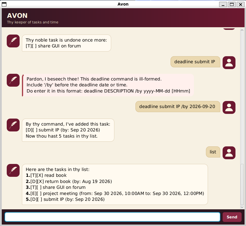 The Avon task manager showing a short conversation